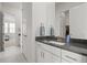 Stylish bathroom with modern fixtures, gray countertops, white cabinetry, and a clean, functional design at 8023 Gore Creek Ln, Littleton, CO 80125