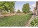 A well-maintained lawn is enhanced by a wooden fence with landscaping and mature trees at 6302 S Jackson Gap Ct, Aurora, CO 80016