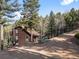 Charming cabin-style home with wood siding and a cozy outdoor seating area surrounded by mature trees at 11724 Little Turtle Ln, Conifer, CO 80433