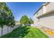 Large back yard with a well maintained green lawn and a sturdy wooden fence at 860 Bramblewood Dr, Castle Pines, CO 80108