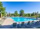 Large community pool with many lounge chairs and patio umbrellas for relaxed poolside enjoyment at 860 Bramblewood Dr, Castle Pines, CO 80108