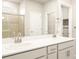 Bathroom view featuring a double vanity and walk-in shower at 24088 E Atlantic Pl, Aurora, CO 80018