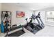 Home gym equipped with a treadmill, exercise bike, weight bench, and shelving for a complete workout space at 7869 S Valentia St, Centennial, CO 80112