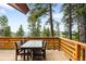 Covered deck with outdoor dining area surrounded by trees at 489 Harris Dr, Idaho Springs, CO 80452