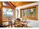 Cozy dining area with wood-paneled ceiling and walls of windows that frame stunning mountain views at 489 Harris Dr, Idaho Springs, CO 80452