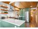 A modern kitchen with sleek quartz countertops, green cabinets, stainless steel appliances, and an attached bathroom at 489 Harris Dr, Idaho Springs, CO 80452