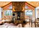 Comfortable living room with stone fireplace, wood accents, and picture windows with stunning mountain vistas at 489 Harris Dr, Idaho Springs, CO 80452