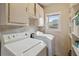 Functional laundry room with white washer, dryer, and shelving at 7221 E 66Th Pl, Commerce City, CO 80022
