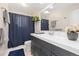 Well-lit bathroom features a vanity, shower with blue curtain and a plant on the shelf above the toilet at 6930 S Yukon Way, Littleton, CO 80128