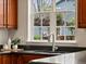 Close-up view of kitchen sink with granite countertops and a bright window overlooking the backyard at 2880 Emporia Ct, Denver, CO 80238