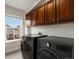 Well-lit laundry room with new appliances and cabinet storage at 2880 Emporia Ct, Denver, CO 80238