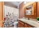 Cozy bathroom features decorative shower curtain, wood-framed mirror, and granite countertop at 960 Whispering Pines Ln, Breckenridge, CO 80424