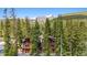 Exterior showcasing a rustic home nestled among tall trees with scenic mountain views at 960 Whispering Pines Ln, Breckenridge, CO 80424