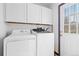 Laundry room with white cabinets above a modern washer and dryer at 19411 E Milan Cir, Aurora, CO 80013