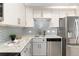 Updated kitchen features stainless steel appliances, grey cabinetry, granite counters, and modern backsplash at 555 E 10Th Ave # 206, Denver, CO 80203