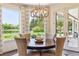 Bright breakfast nook features backyard pond view, wood table, and modern light fixture at 13 Buell Mansion Pkwy, Englewood, CO 80113