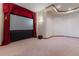 Spacious media room with a large screen, red curtains, and plush carpeting for movie nights at 11541 Warrington Ct, Parker, CO 80138