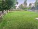 Spacious backyard featuring lush green grass, mature trees, and a wooden fence at 21767 Silver Meadow Ln, Parker, CO 80138