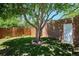 Backyard featuring a large tree, brick wall, and well-maintained lawn at 2683 Bellaire St, Denver, CO 80207