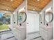 Bathroom with modern vanity, round mirror, and shower with access to a yard at 2545 S Lowell Blvd, Denver, CO 80219