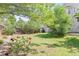 Landscaped backyard with green lawn, mature trees, privacy fence, and brick patio at 15021 Josephine St, Thornton, CO 80602