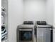 Functional laundry room with side-by-side washer and dryer units and built-in shelving for storage at 3201 W 25Th Ave, Denver, CO 80211