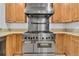 A stainless steel range sits beneath a matching vent hood amid custom cabinets and granite countertops at 9816 Kalispell St, Commerce City, CO 80022