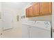 Convenient laundry room with washer, dryer, storage cabinets, and easy access to the exterior at 2239 Calais Dr # 11F, Longmont, CO 80504
