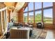 Inviting living room boasts large windows with views and comfortable seating on a decorative rug at 6150 Bluebell Ln, Evergreen, CO 80439