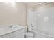 Clean bathroom with white vanity, toilet, and shower-tub combination at 1850 Sawtooth Mountain Dr, Berthoud, CO 80513