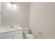 Clean bathroom featuring a white vanity, sink, and toilet with modern fixtures at 1850 Sawtooth Mountain Dr, Berthoud, CO 80513