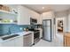 Modern kitchen featuring stainless steel appliances, bright blue backsplash, and sleek white cabinetry at 493 S Lincoln St, Denver, CO 80209