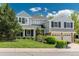Charming two-story home with manicured lawn and a two-car garage, accented by mature trees and shrubs at 7076 S Niagara Ct, Centennial, CO 80112