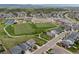 Enjoy the beautiful aerial view of the residential community, school, park, fields and mountain landscape at 3871 Starry Night Loop, Castle Rock, CO 80109