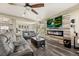 Cozy living room featuring a modern fireplace, hardwood floors, and comfortable seating at 3871 Starry Night Loop, Castle Rock, CO 80109
