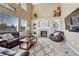 Comfortable living room with a stone fireplace and ample natural light creates an inviting atmosphere at 10375 Knollside Dr, Parker, CO 80134