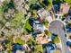 Aerial view of a well-maintained home with lush landscaping, a manicured lawn, and a cul-de-sac driveway at 10915 Acadia Ln, Parker, CO 80138
