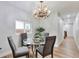 Dining room featuring a modern chandelier, hardwood floors, and seating for four at 1724 W 40Th Ave, Denver, CO 80211