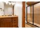 Bathroom featuring a wooden vanity, granite countertop, and walk-in shower at 651 Ruby Trust Dr, Castle Rock, CO 80108
