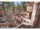 Stone terrace with seating around a central fire pit, nestled in a serene outdoor setting at 651 Ruby Trust Dr, Castle Rock, CO 80108