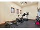 Home gym with treadmill, exercise bike, weight bench, dumbbells, and natural light from the windows at 651 Ruby Trust Dr, Castle Rock, CO 80108