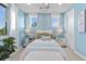 Inviting bedroom featuring soft, blue walls, large windows, and decorative mirrored nightstands at 481 Meadowleaf Ln, Highlands Ranch, CO 80126