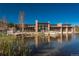 Beautiful clubhouse overlooking a serene pond with modern architecture and landscaping at 481 Meadowleaf Ln, Highlands Ranch, CO 80126