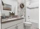 Well-lit bathroom boasts modern vanity, toilet, and shower with decorative tiles at 22065 E Bailey Pl, Aurora, CO 80016