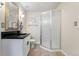 Basement bathroom with shower, vanity, and mirror at 10890 W Belmont Ave, Littleton, CO 80127