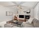 Bright living room features hardwood floors, a fireplace, and large windows for natural light at 6071 Russell Ln, Arvada, CO 80403