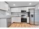 Modern kitchen featuring stainless steel appliances, white cabinetry, and ample countertop space at 1705 S Yuma St, Denver, CO 80223
