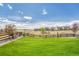 The backyard showcases a lush lawn, bounded by a classic wooden fence, with picturesque neighborhood views at 3008 Blithe Pt, Castle Rock, CO 80108