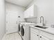 Functional laundry room boasts modern appliances, built-in cabinets and tile floors at 23327 E Ottawa Dr, Aurora, CO 80016