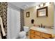 Clean bathroom with shower/tub combo and wood vanity at 23636 Pondview Pl # C, Golden, CO 80401